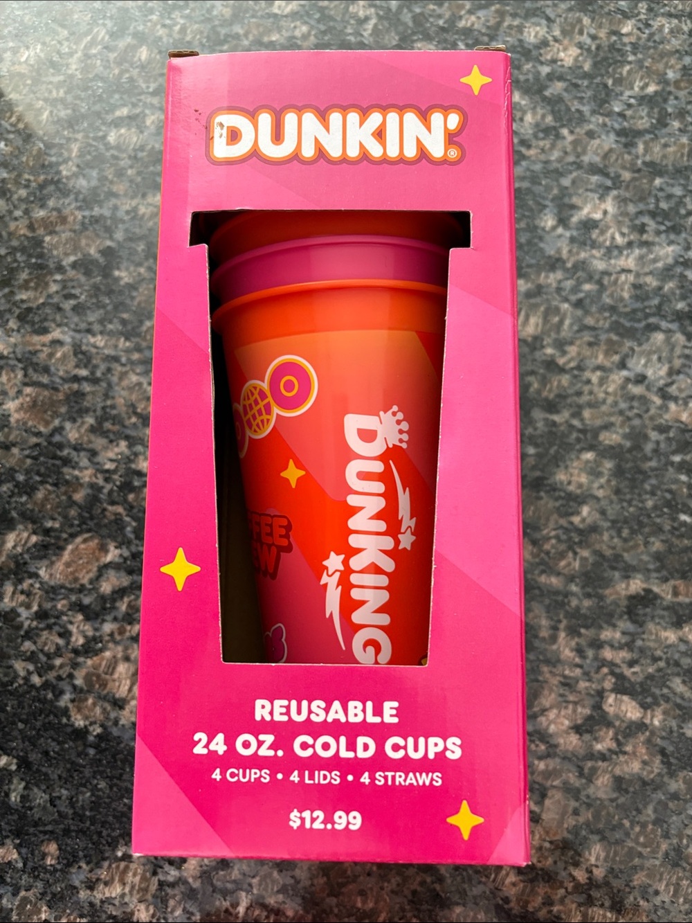 Dunkin' Donuts Reusable Orange & Pink 24 oz. Cold Cup - 4 Pack brand new